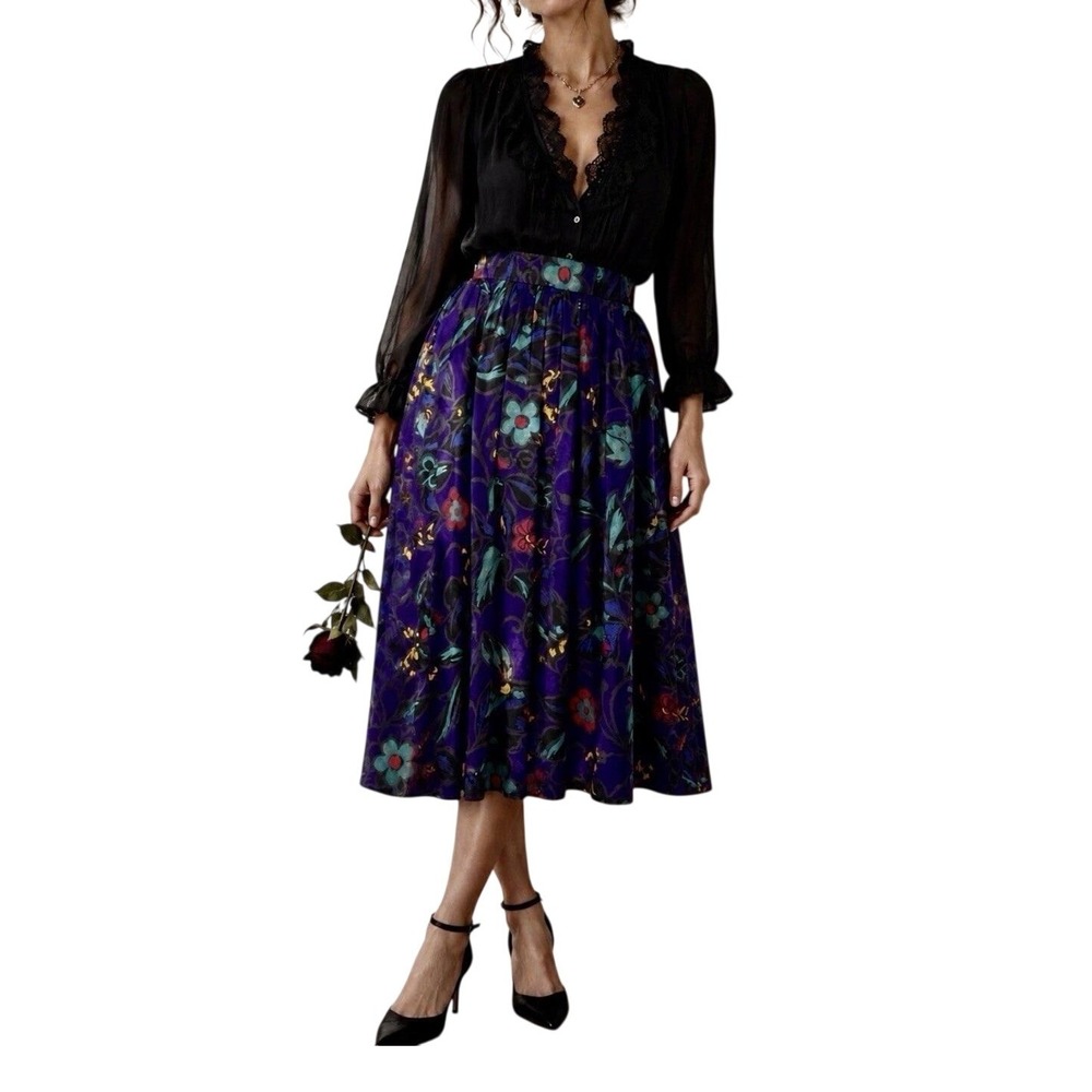 Vtg 90s Floral Midi Skirt Arts & Crafts Dark Romantic Cottagecore Medium